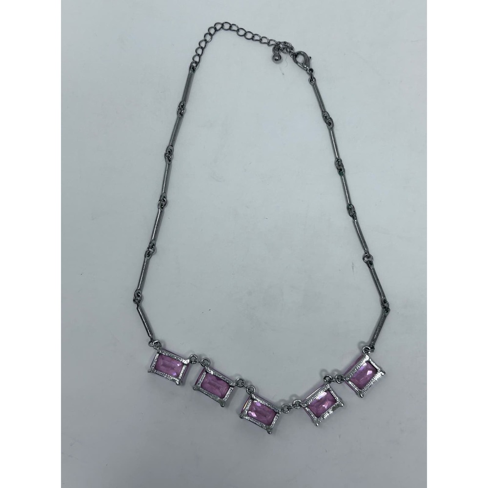 Silver Pink Square Five Gem Necklace/Pendant 8" Long